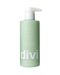 Divi Hydrating Shampoo bottle front shows hydration for softer, shinier hair.