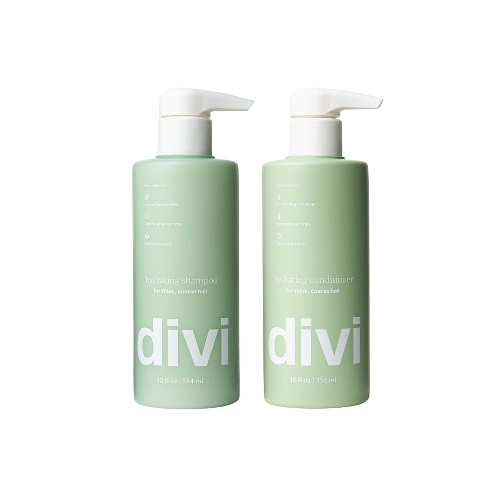 Divi hydrating shampoo bottle showing rich moisture for thick hair without weight