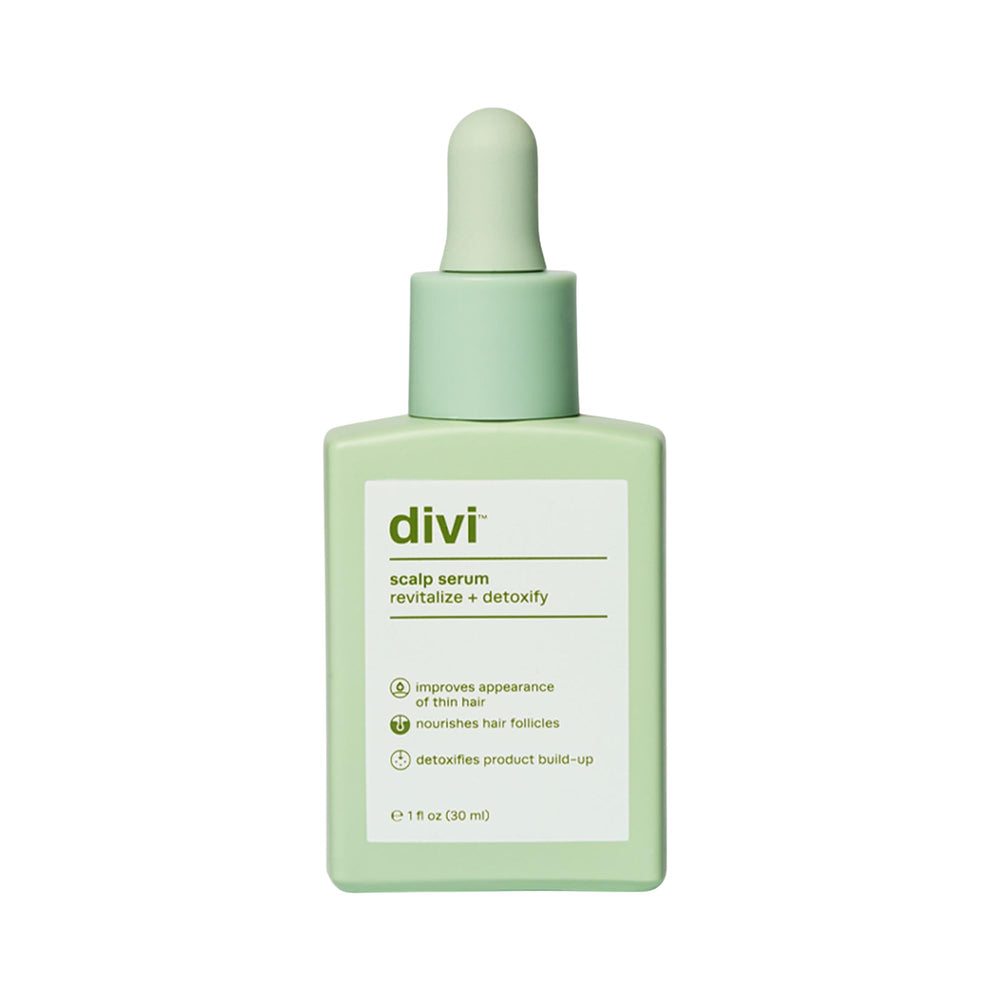 Divi Scalp Serum 30ml bottle close-up showing clear, residue-free formula ideal for daily use