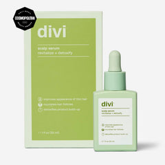 Divi Scalp Serum label detail highlighting amino acids and caffeine for hair support