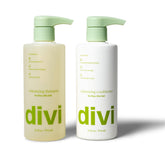 Divi Volumizing Shampoo bottle pour demonstrating lightweight lift for fine hair.