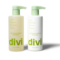 Divi Volumizing Shampoo bottle pour demonstrating lightweight lift for fine hair.
