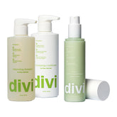 Divi Volumizing Shampoo bottle close-up highlighting lightweight cleansing for fine hair.