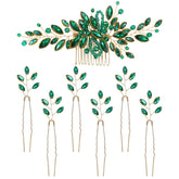 Dizila emerald-green crystal hair side comb adds bridal sparkle for wedding visuals.
