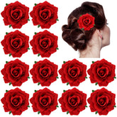 Dizila flamenco red rose brooch-hair clip adds elegant bridal sparkle with secure backing