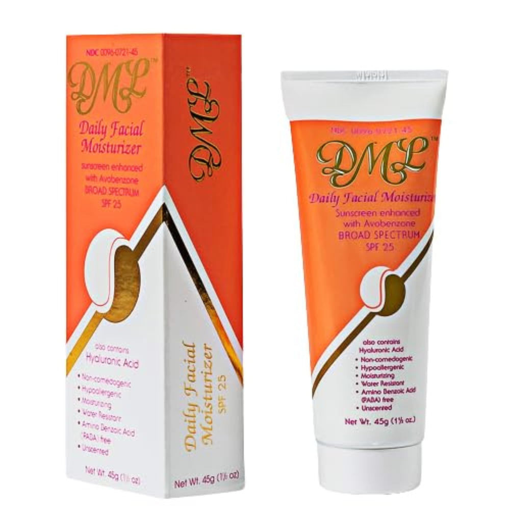 DML Daily Facial Moisturizer bottle close-up shows fragrance-free hydration for sensitive skin.
