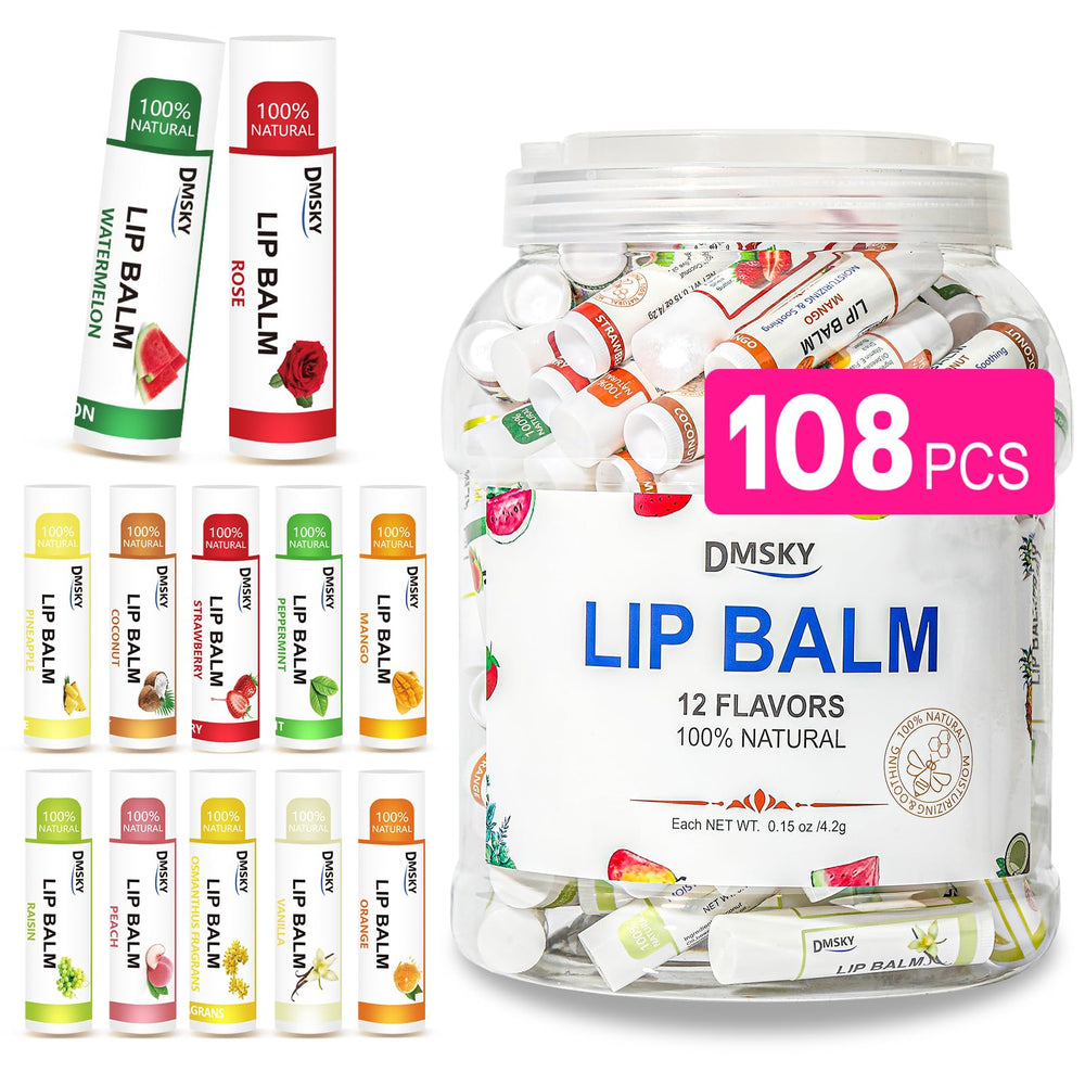 Dmsky lip balm 108-pack flavor display, ideal for bulk gifts and party favors.