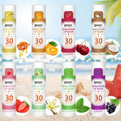 DMSKY lip balm tubes displayed side-by-side highlighting travel-friendly sunscreen