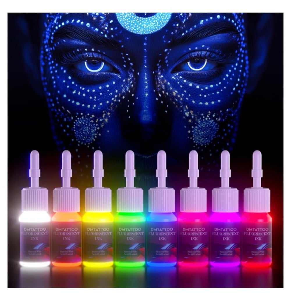DMTATTOO blue fluorescent tattoo ink bottle glows under UV light for bold body art