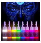 DMTATTOO blue fluorescent tattoo ink bottle glows under UV light for bold body art