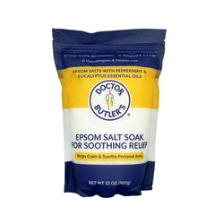 Doctor Butler's Epsom Salt Soak bath bottle demonstrates soothing hemorrhoid relief and postpartum care.