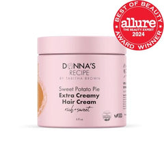 Donna's Recipe Sweet Potato Pie Hair Cream jar shows creamy texture for defined waves.