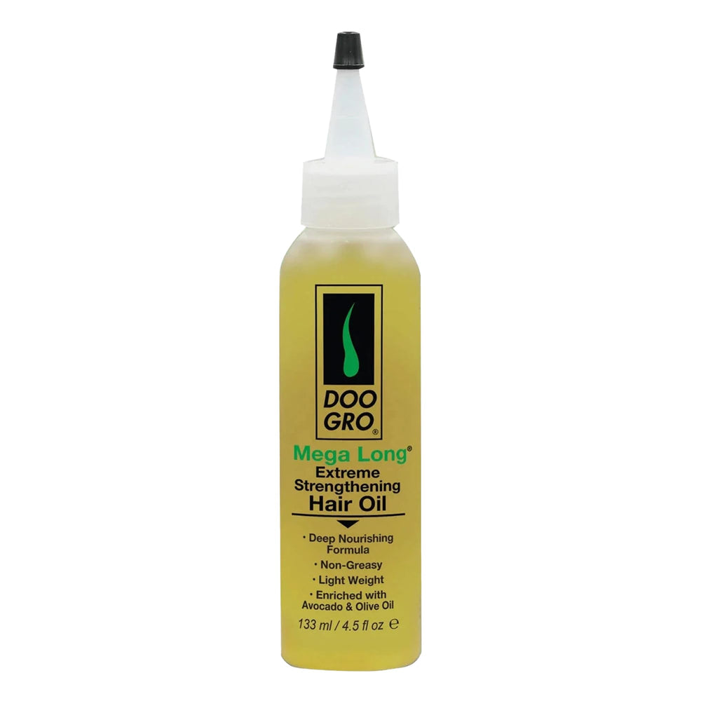 Doo Gro Mega Long Extreme Strengthening Oil bottle delivers lightweight hydration for damaged hair.