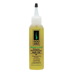 Doo Gro Mega Long Extreme Strengthening Oil bottle delivers lightweight hydration for damaged hair.