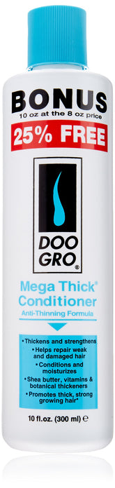 Doo Gro Mega Thick Conditioner bottle pour demonstrates thickening and conditioning benefits.