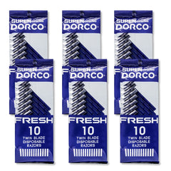 Dorco Fresh twin blade razor in blue with blade cover for travel grooming.