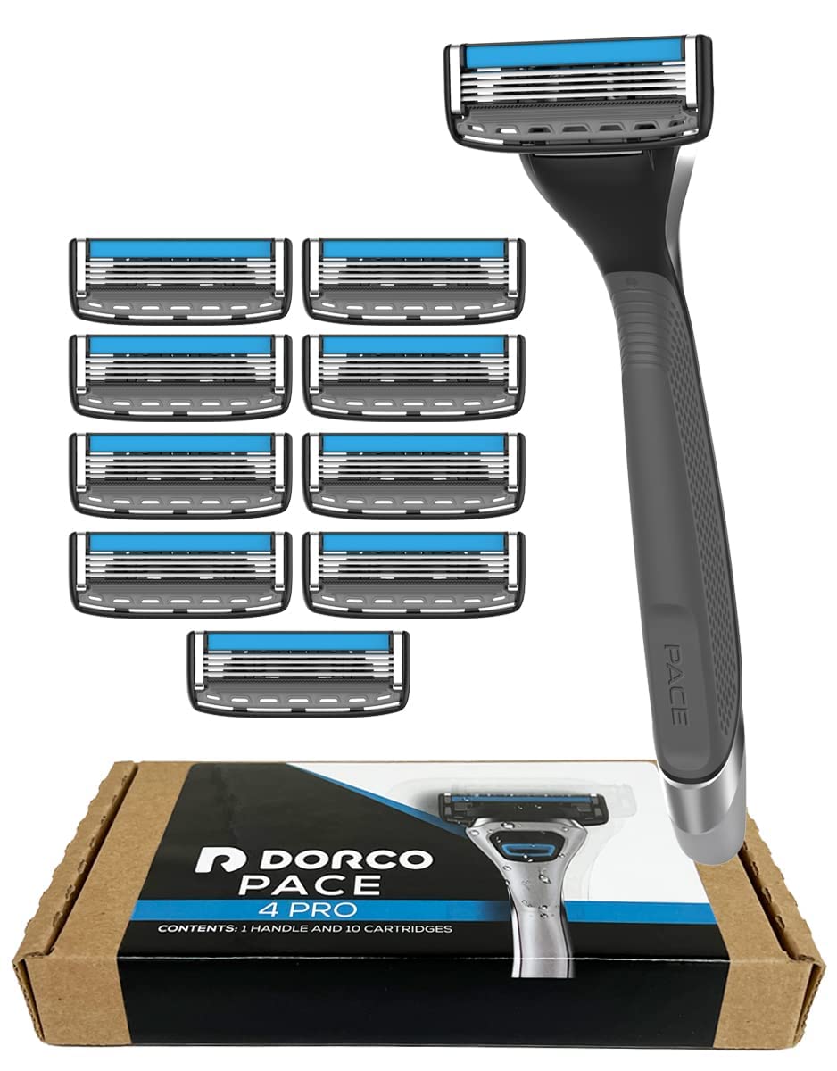 Dorco Pace 4 Pro head closeup shows four blades for a close, smooth shave.