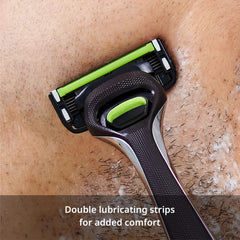 Dorco Pace 6 Pro lubricating strips with aloe and oils for smooth glide.