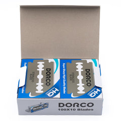 Dorco ST300 blades with safety razors display for versatile shaving setups.
