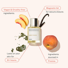Dossier Ambery Peach bottle pour action captures peach and amber notes.