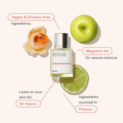 Dossier Citrus Green Apple bottle-top notes highlight bright citrus opening for daily wear.