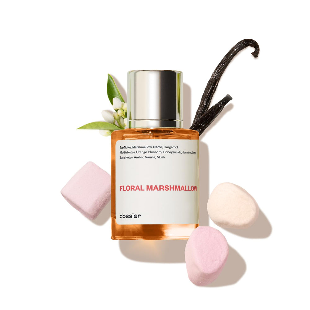 Dossier Floral Marshmallow bottle closeup, premium fragrance ready to spray.