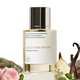 Dossier Original Oud & Rose on Fire bottle close-up highlighting long-lasting fragrance.
