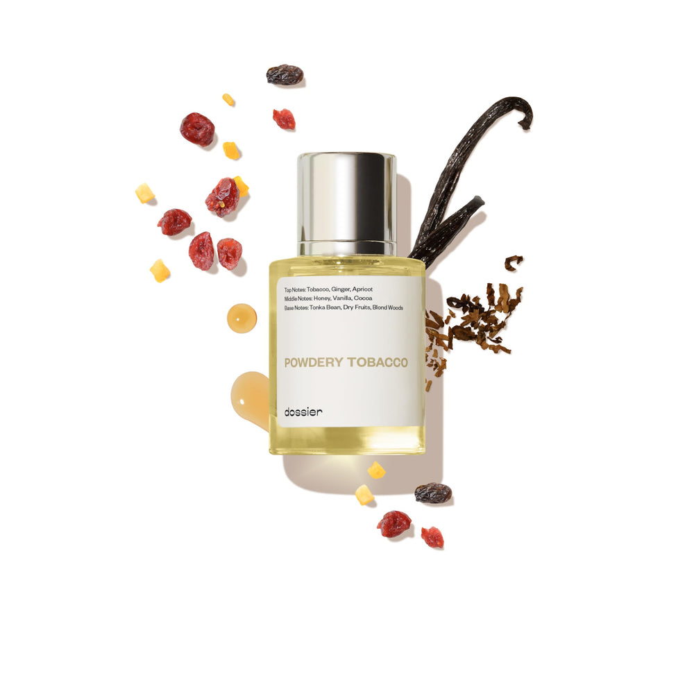 Dossier Powdery Tobacco bottle front view for daily unisex elegance.