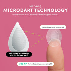 Dots for Spots microdarts technology under skin surface emphasizes precise ingredient delivery.