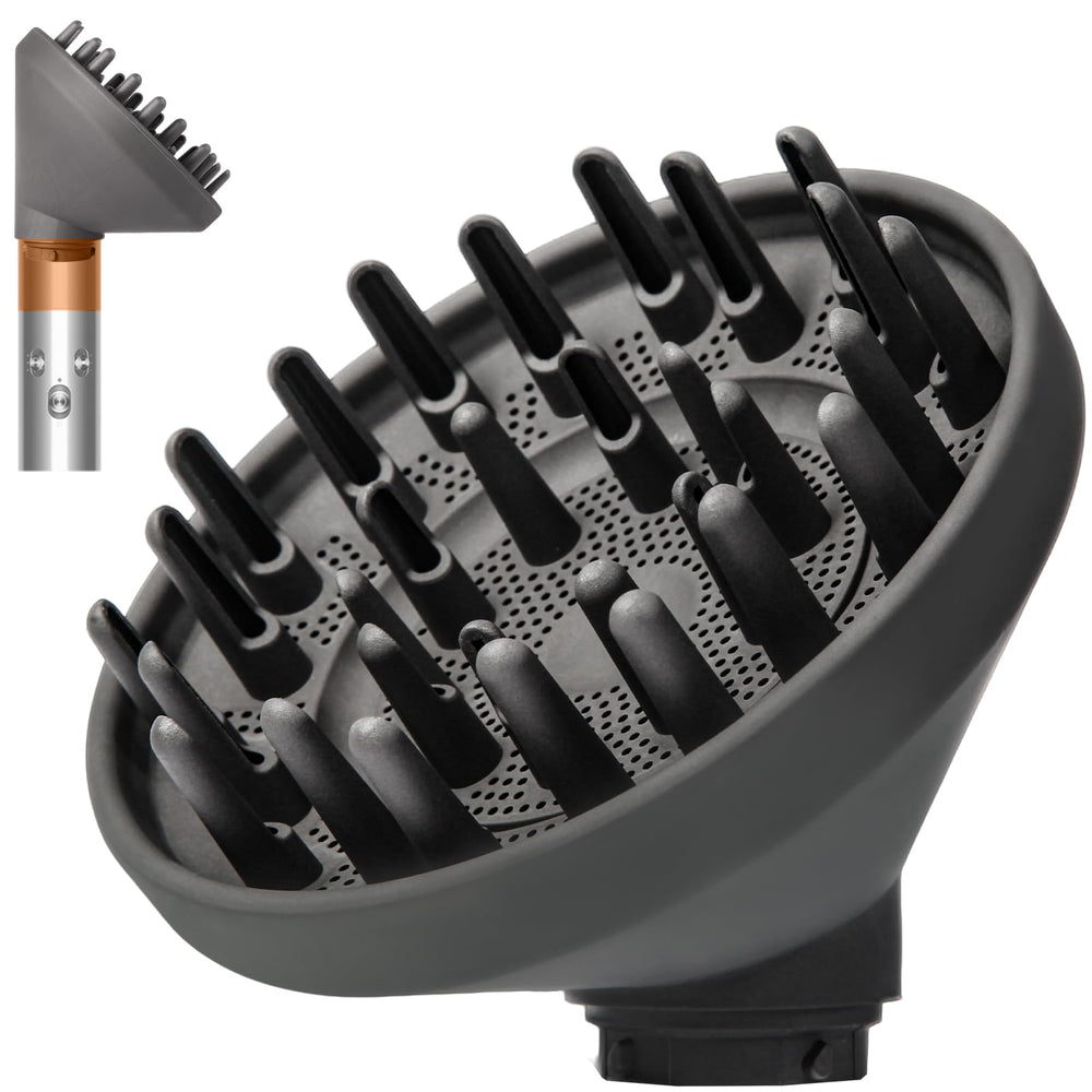 Dotspun diffuser attachment for Dyson Airwrap HS01 close-up highlighting snug fit and even airflow.