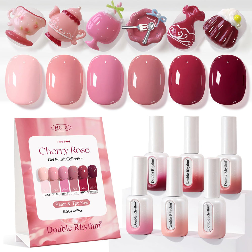 Double Rhythm packaging shows six HEMA-free gel polishes for at-home manicure options.