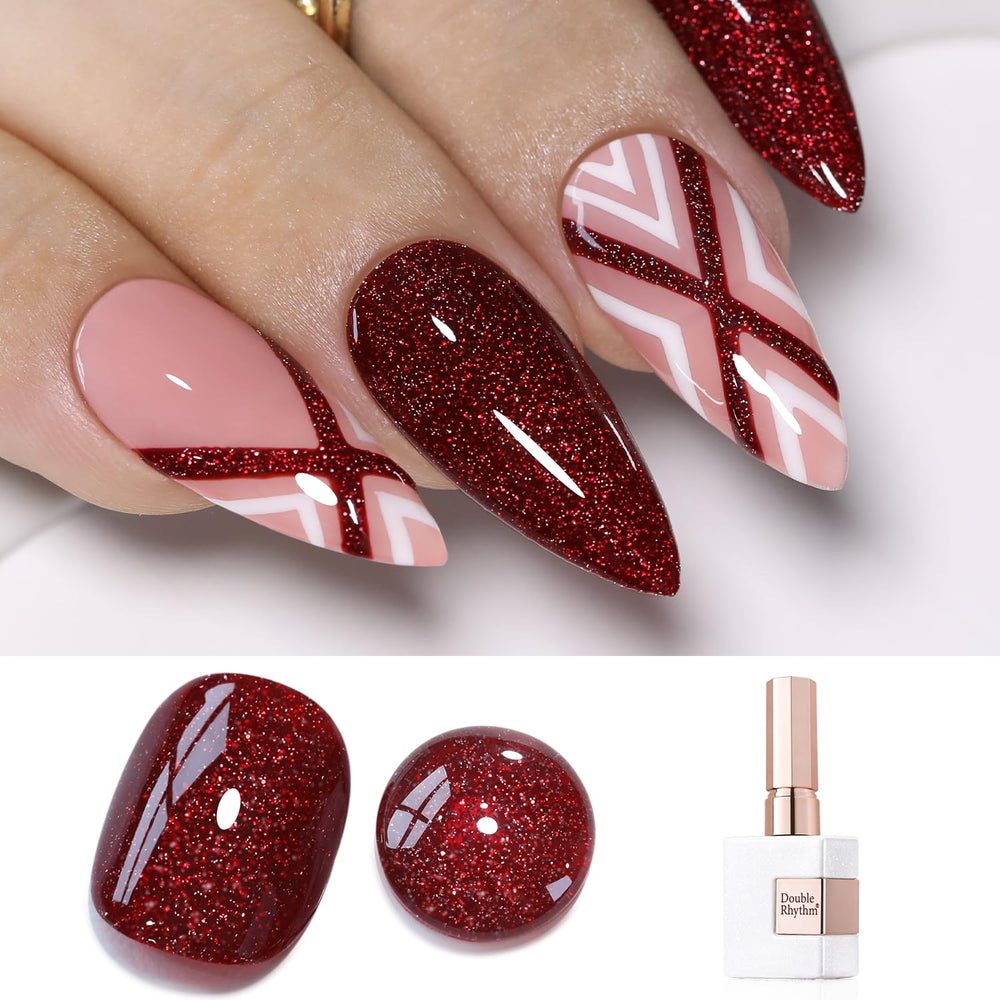 Double Rhythm burgundy glitter gel bottle close-up showing shimmer and easy application
