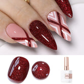 Double Rhythm burgundy glitter gel bottle close-up showing shimmer and easy application