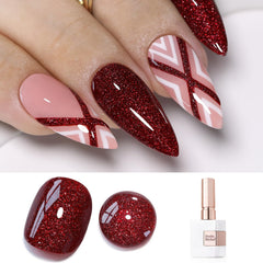 Double Rhythm burgundy glitter gel bottle close-up showing shimmer and easy application
