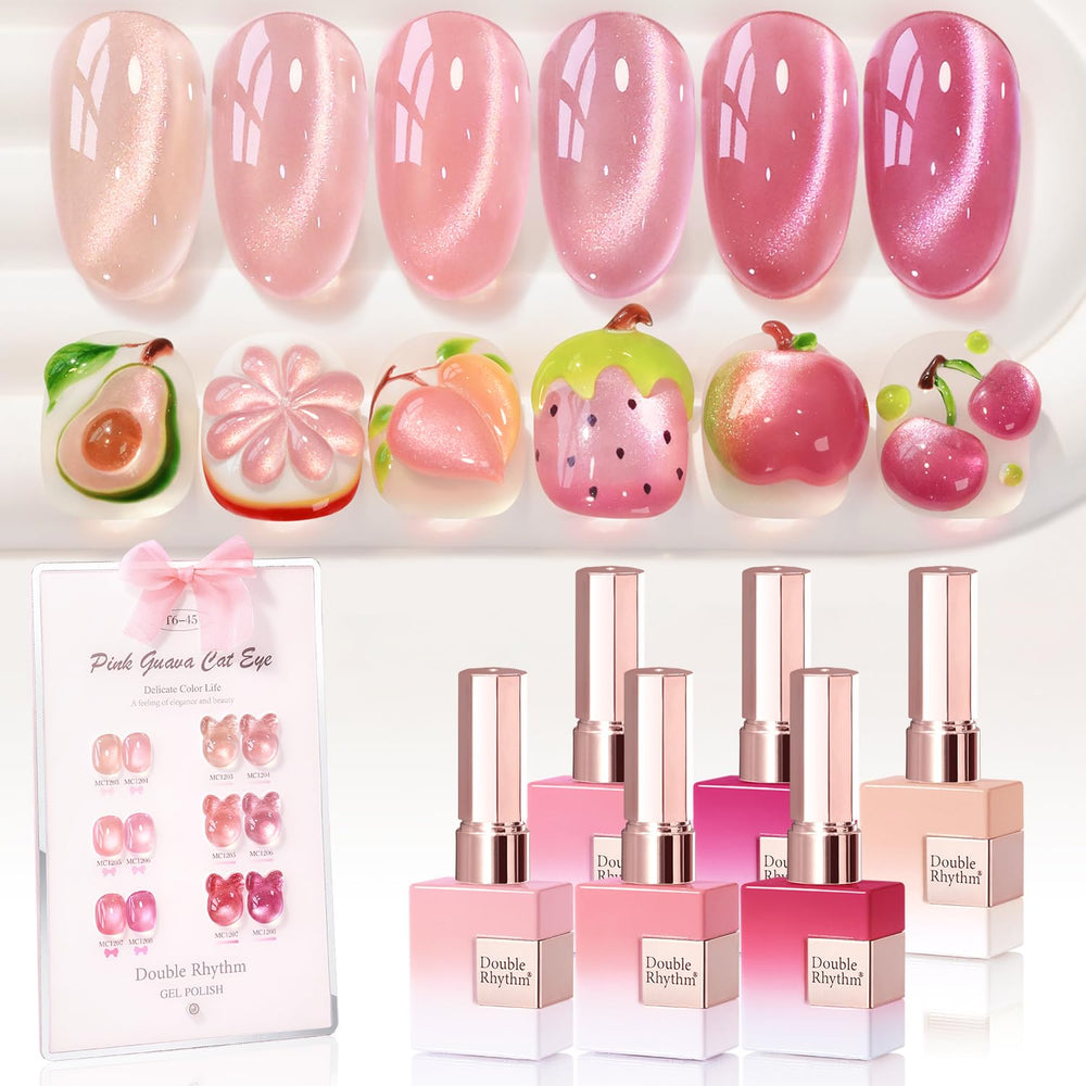 Double Rhythm cat-eye gel nail polish set six bottles for cohesive at-home manicures.