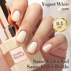 Double Rhythm gel polish bottle with label conveys consistent color for DIY manicures