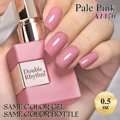 Double Rhythm gel polish being brushed onto nails during a manicure session.