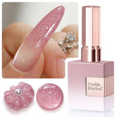 Double Rhythm light pink glitter gel polish bottle closeup highlighting reflective sparkle for eye-catching nails.