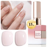 Double Rhythm milky pink gel polish bottle showing translucent color for subtle nails.