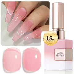 Double Rhythm milky pink jelly gel polish bottle shows translucent finish for DIY nails.
