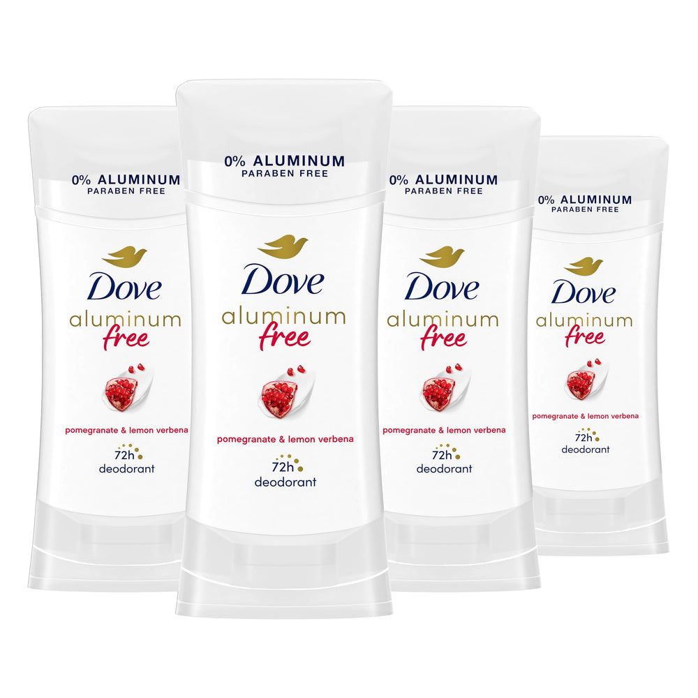 Dove 0-percent aluminum deodorant stick packaging with pomegranate-verbena for on-the-go freshness.
