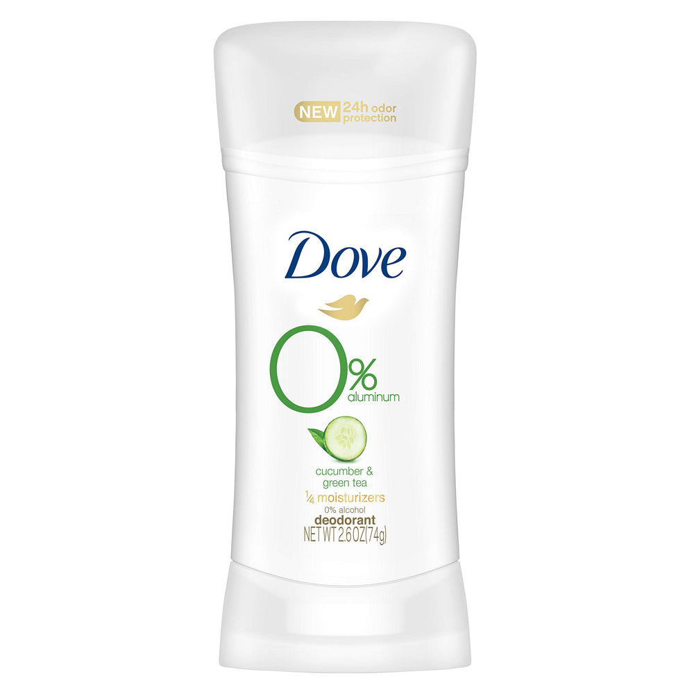 Dove 0percent aluminum deodorant packaging highlights cucumber green tea fresh scent.
