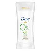 Dove 0percent aluminum deodorant packaging highlights cucumber green tea fresh scent.