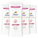 Dove Advanced Care Beauty Finish stick packaging shows a 4-count box with 2.6 oz bars for daily use.