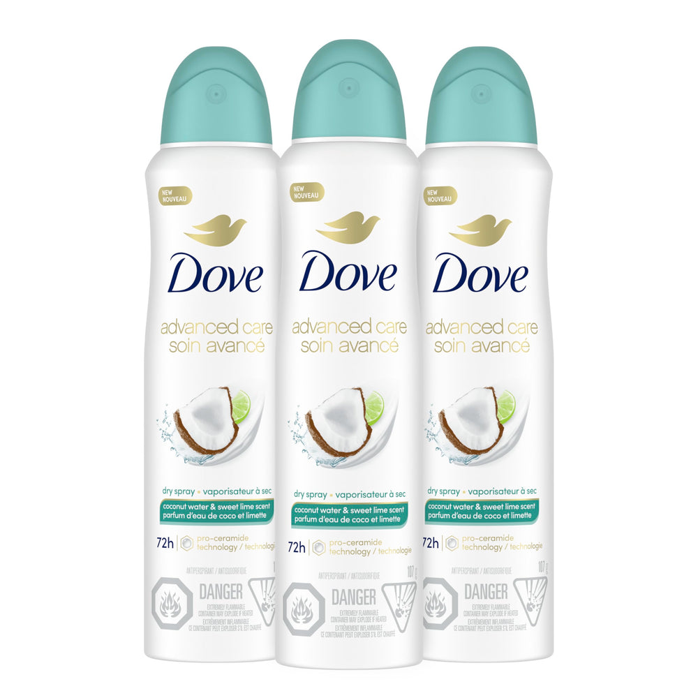 Dove Advanced Care Coconut Water & Lime dry spray packshot with long-lasting odor protection.