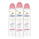 Dove Advanced Care Powder Soft Deodorant Spray application demonstrates fast-drying, long-lasting underarm protection.