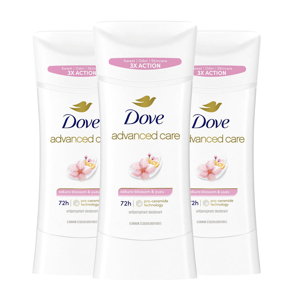 Dove Advanced Care Sakura Blossom and Yuzu deodorant stick ready for application, delivering soft underarms.
