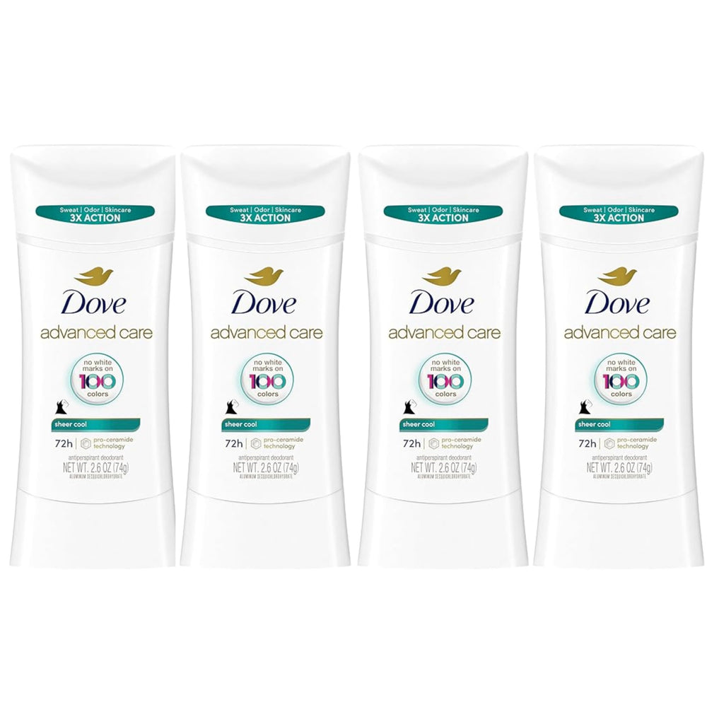 Dove Advanced Care Sheer Cool antiperspirant stick application for all-day freshness and gentle protection.