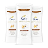 Dove Advanced Care Vanilla & Cocoa Butter stick viewed front, delivering all-day protection and soft underarms.