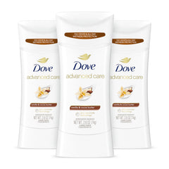 Dove Advanced Care Vanilla & Cocoa Butter stick viewed front, delivering all-day protection and soft underarms.